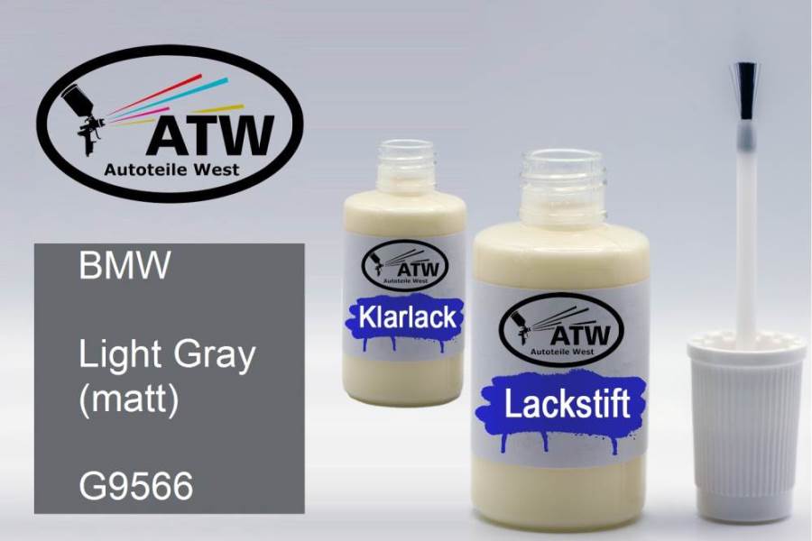 BMW, Light Gray (matt), G9566: 20ml Lackstift + 20ml Klarlack - Set, von ATW Autoteile West.